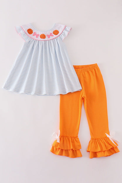 Blue Stripe Pumpkin French Knot - Girl Set