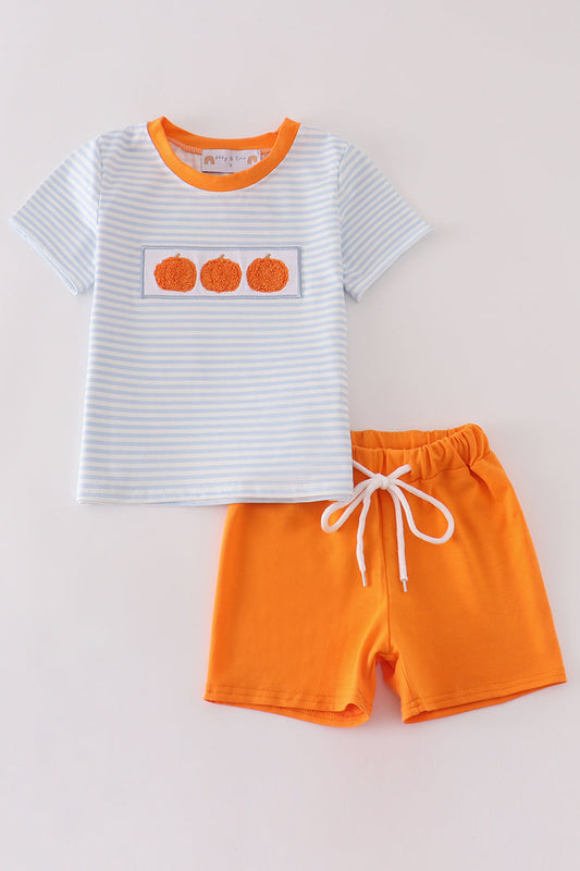 Blue Stripe Pumpkin French Knot - Boy Set