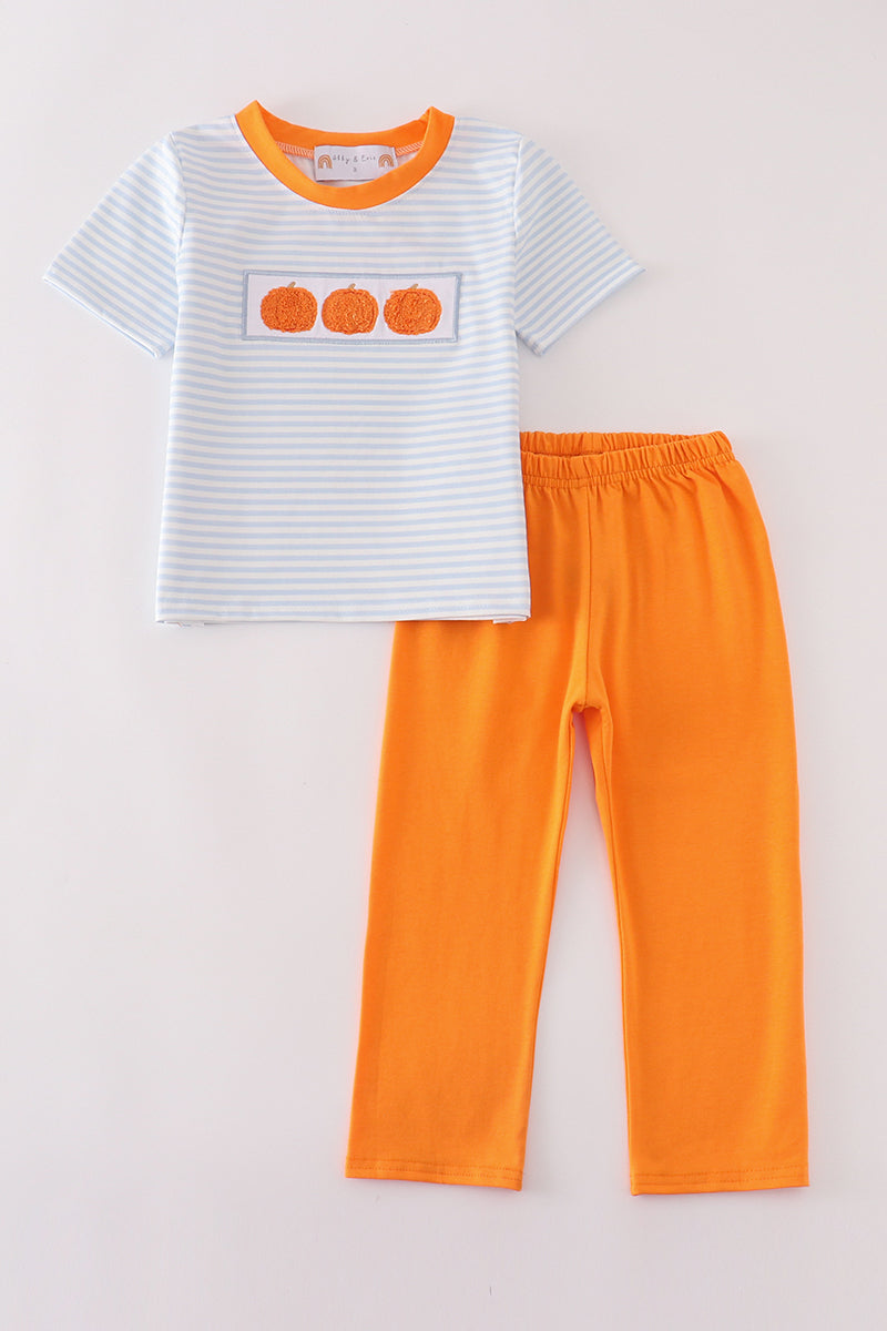 Blue Stripe Pumpkin French Knot - Boy Set