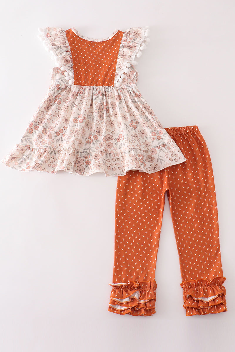 Brown Floral Ruffle Girl Set