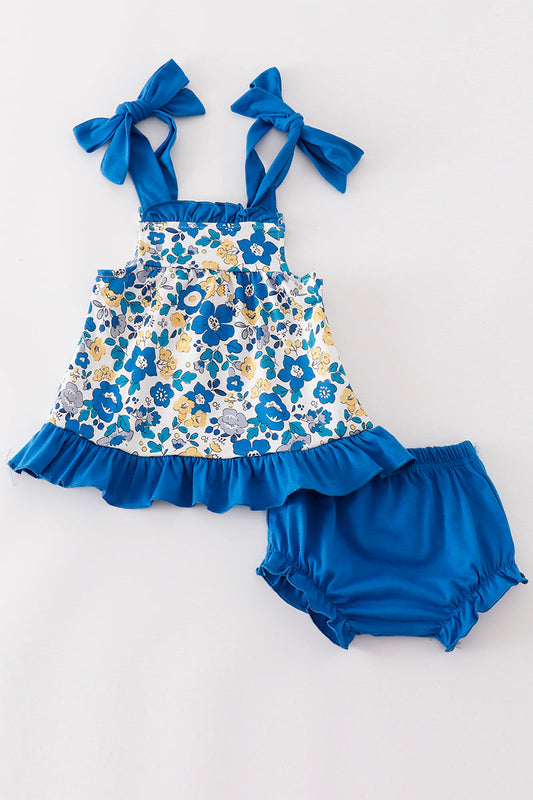 Blue Floral Print Ruffle - Baby Bloomers Set