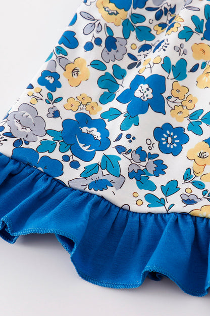 Blue Floral Print Ruffle - Baby Bloomers Set