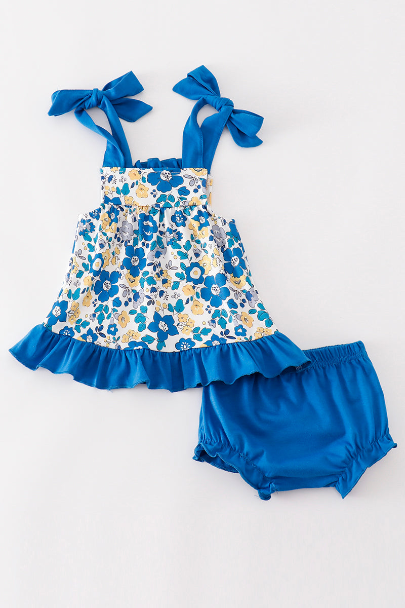 Blue Floral Print Ruffle - Baby Bloomers Set