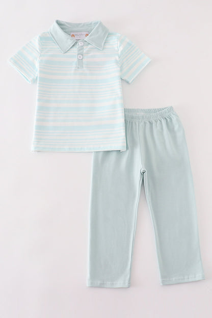 Blue Stripe Ruffle - Boy Pants Set