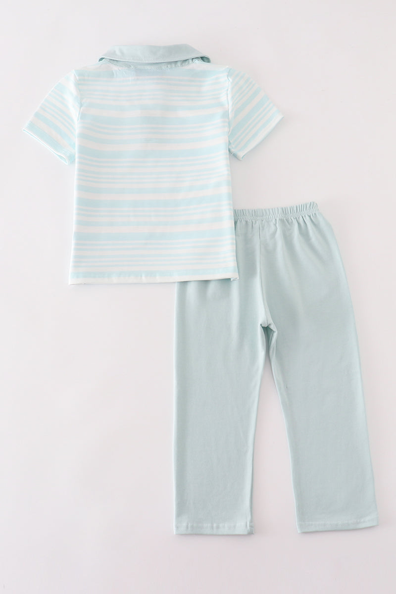 Blue Stripe Ruffle - Boy Pants Set