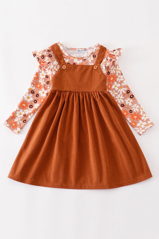 Brown Corduroy Floral Print Dress Set