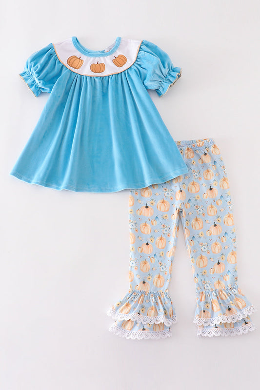 Blue Velvet Pumpkin Embroidery - Girl Set