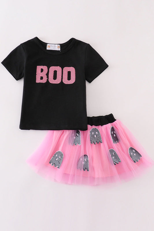 Black Halloween Boo Sequin Tutu Set