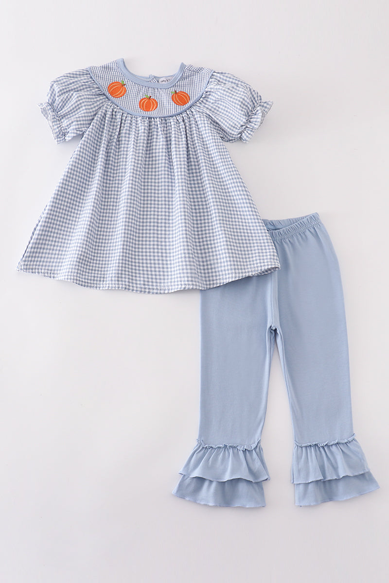 Blue Gingham Pumpkin Embroidery - Girl Set