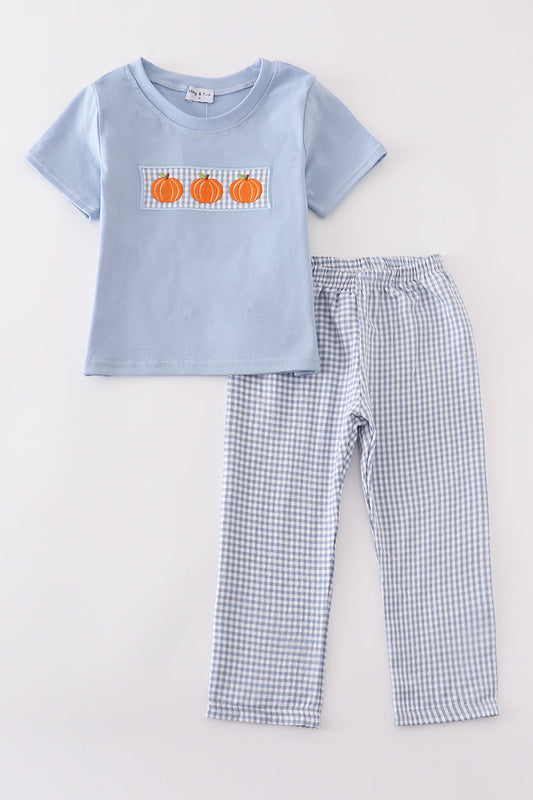 Blue Gingham Pumpkin Embroidery - Boy Set