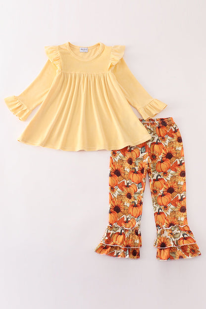 Beige Velvet Pumpkin - Girl Ruffle Pants Set