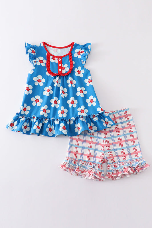 Blue & White Floral Print Ruffle - Girl Set