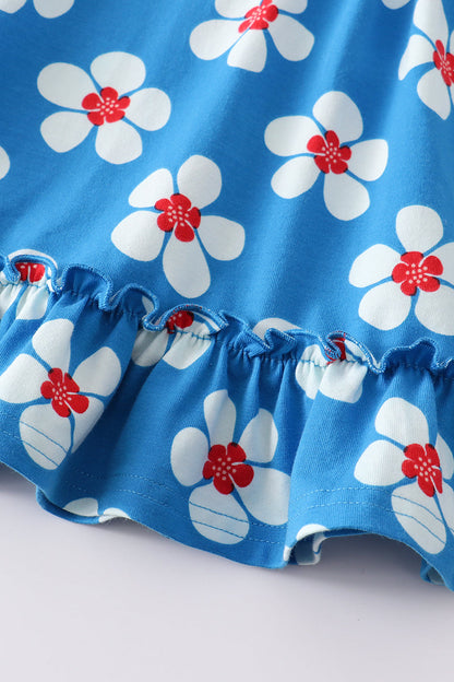 Blue & White Floral Print Ruffle - Girl Set