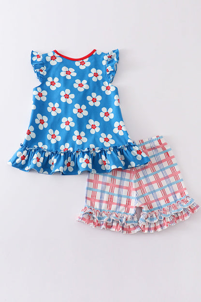 Blue & White Floral Print Ruffle - Girl Set